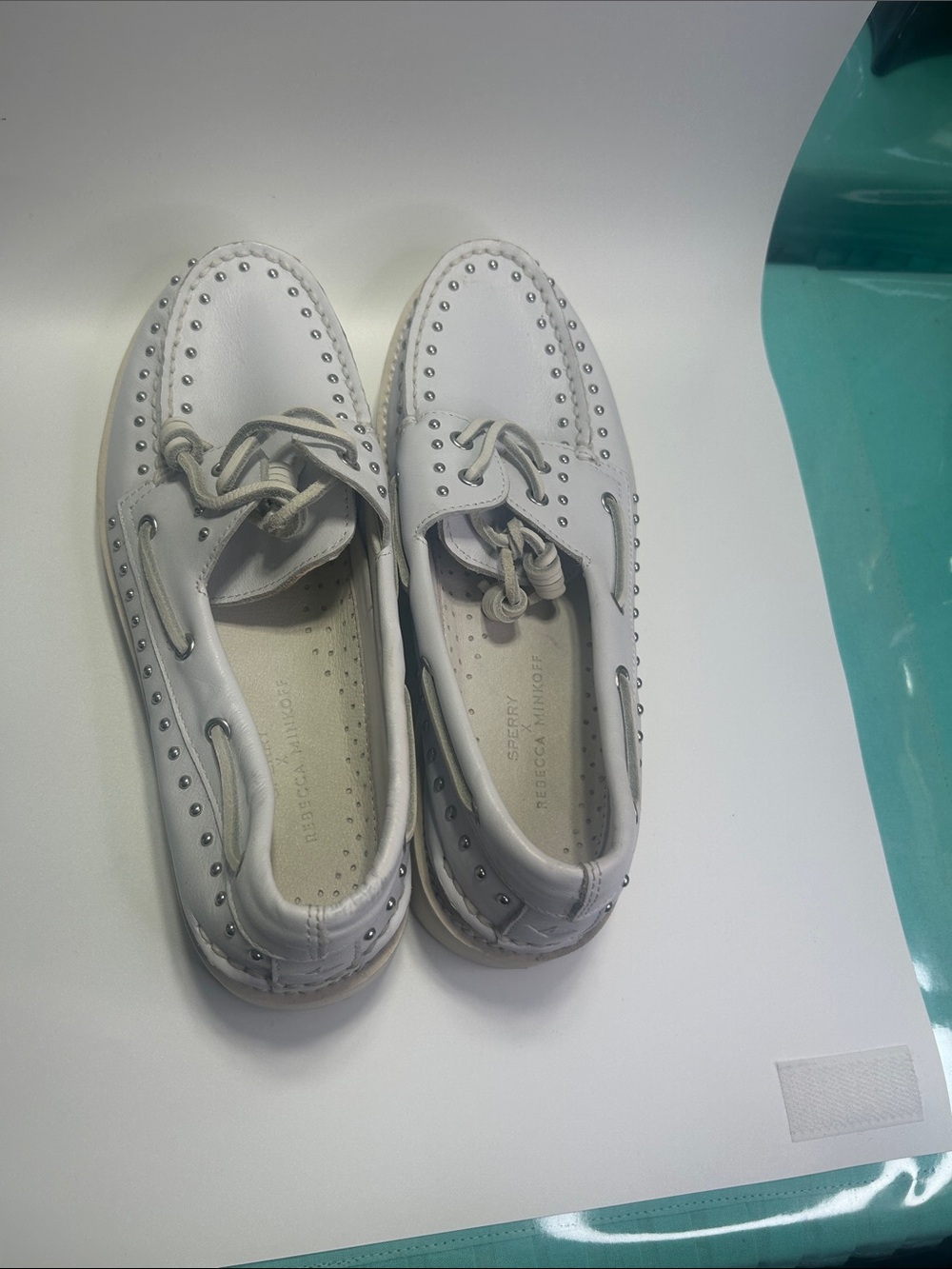 Sperry White Studded Leather Boat Moccasins